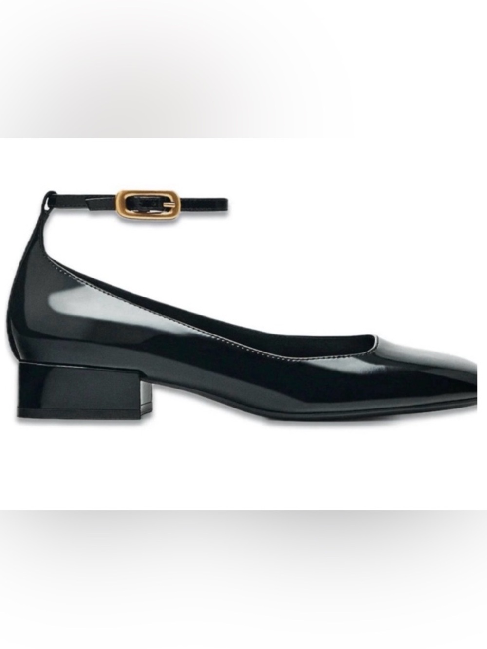 Massimo Dutti Black Patent leather Ankle-Strap Low Block Heel Pump nwt